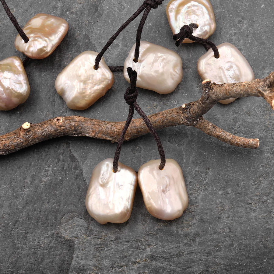 Rare Natural Peach Square Coin Pearl Earrings Drilled Genuine Natural Freshwater Pearl Matched Pair A11