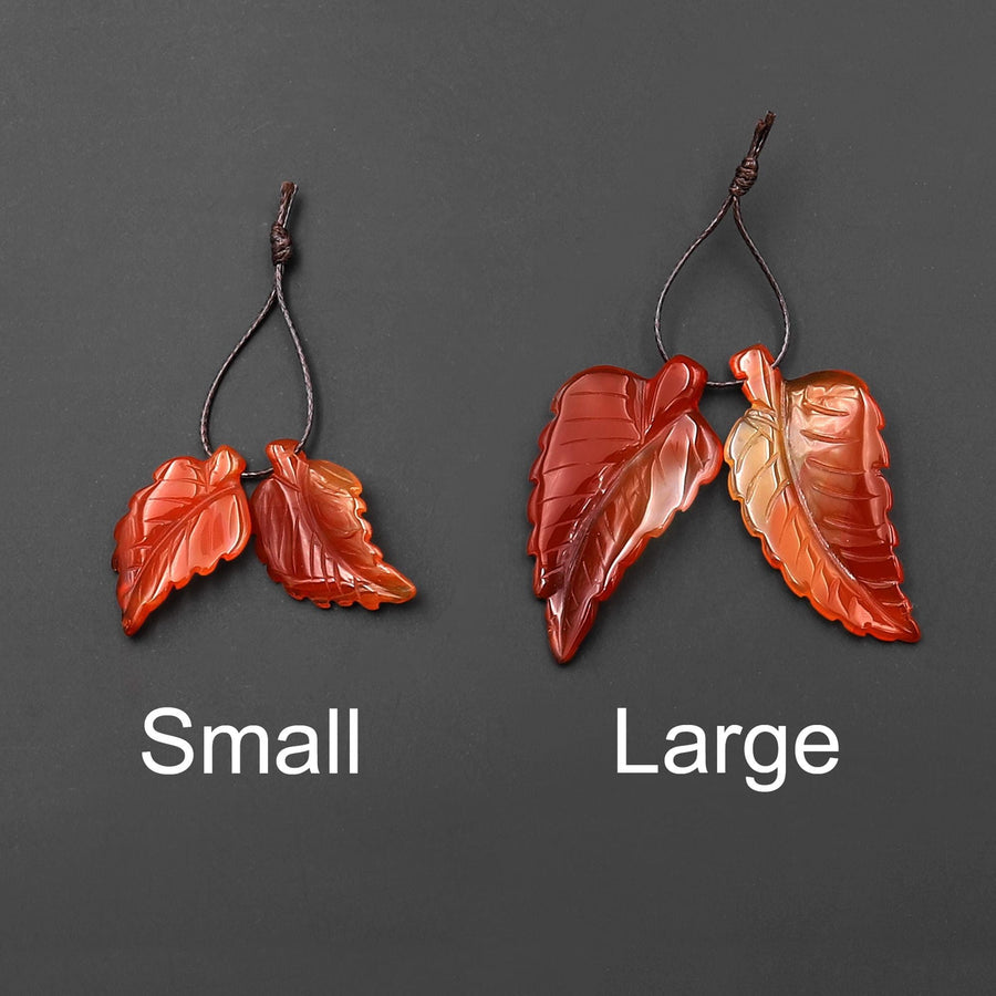 Hand Carved Natural Fiery Orange Red Carnelian Leaf Earring Pair Drilled Gemstone Matched Beads