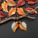 Hand Carved Natural Fiery Orange Red Carnelian Leaf Earring Pair Drilled Gemstone Matched Beads