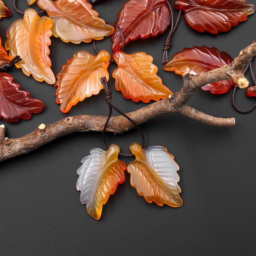 Hand Carved Natural Fiery Orange Red Carnelian Leaf Earring Pair Drilled Gemstone Matched Beads