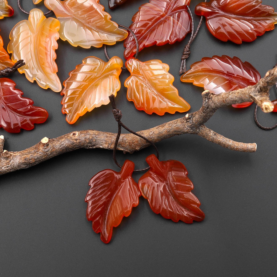 Hand Carved Natural Fiery Orange Red Carnelian Leaf Earring Pair Drilled Gemstone Matched Beads