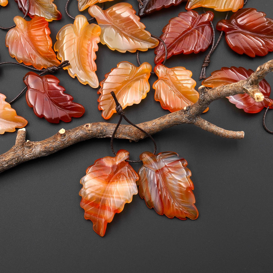 Hand Carved Natural Fiery Orange Red Carnelian Leaf Earring Pair Drilled Gemstone Matched Beads