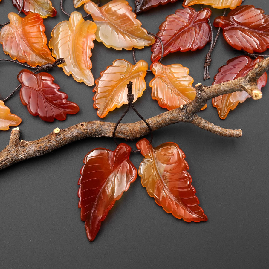 Hand Carved Natural Fiery Orange Red Carnelian Leaf Earring Pair Drilled Gemstone Matched Beads A1