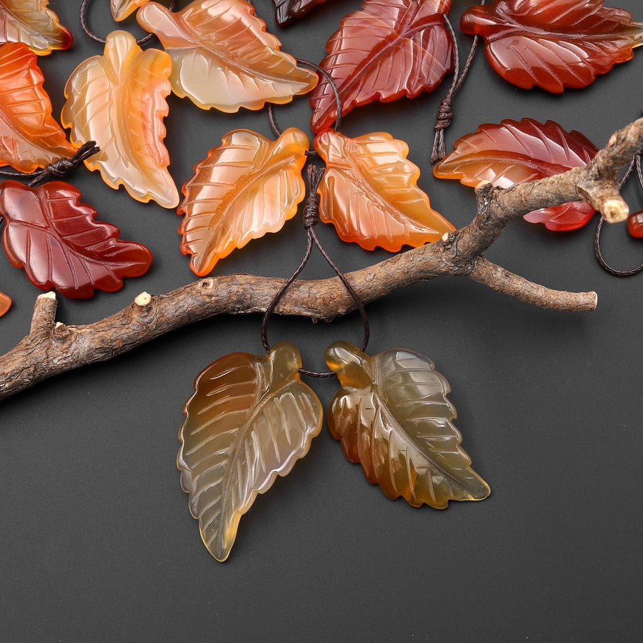 Hand Carved Natural Fiery Orange Red Carnelian Leaf Earring Pair Drilled Gemstone Matched Beads A3