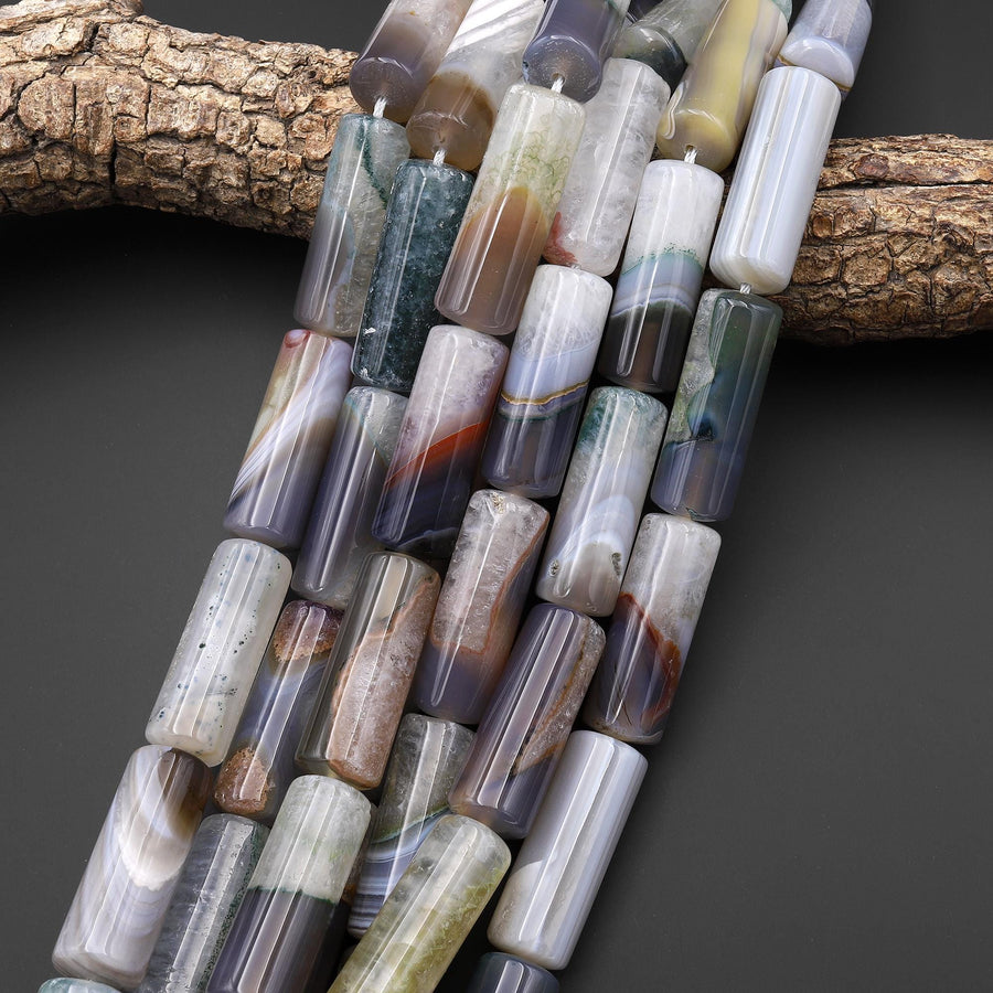 Rare Natural Phantom Agate Beads Large Cylinder Tube 38mm Gemstone 15.5" Strand