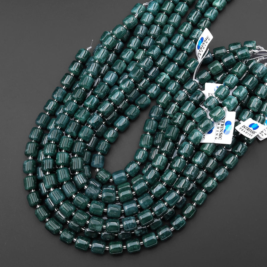 AAA Natural Guatemalan Dark Blue Green Jade Smooth Tube Cylinder 10mm Beads 15.5" Strand
