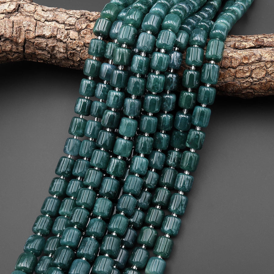 AAA Natural Guatemalan Dark Blue Green Jade Smooth Tube Cylinder 10mm Beads 15.5" Strand