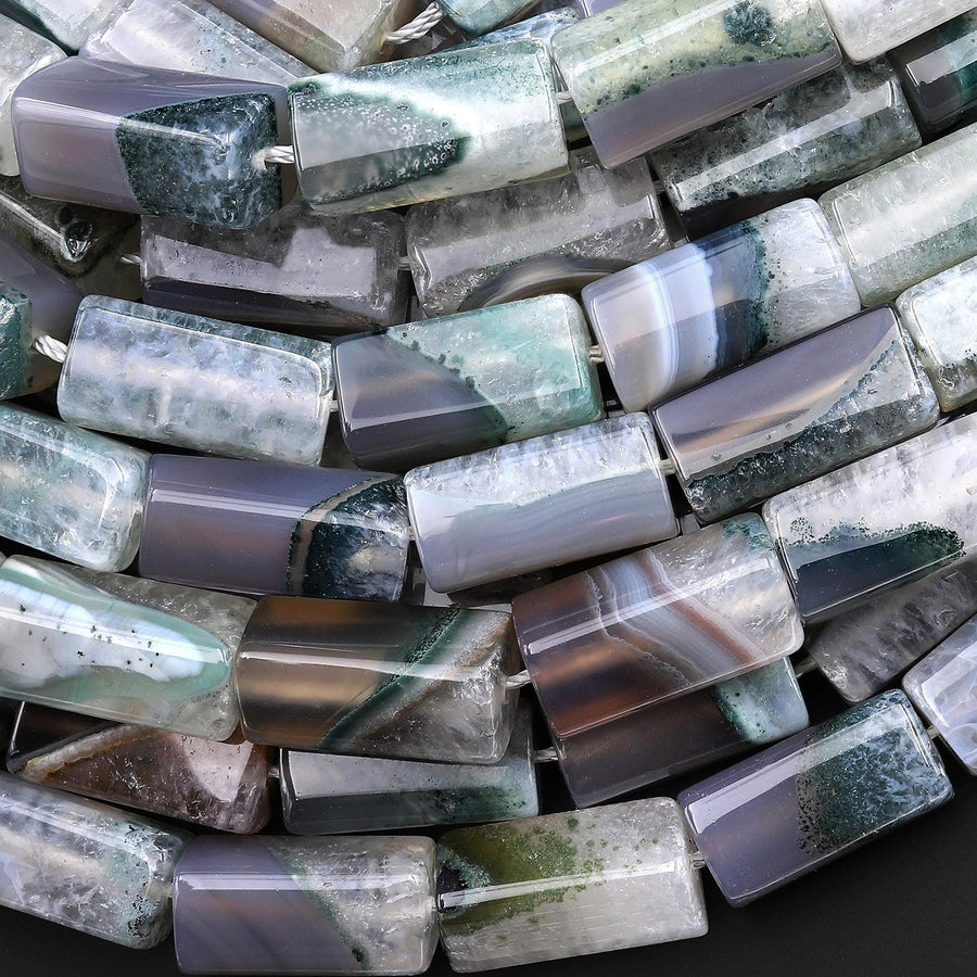 Rare AAA Natural Green Gray Phantom Agate Beads Tube 20x10mm Gemstone 15.5" Strand