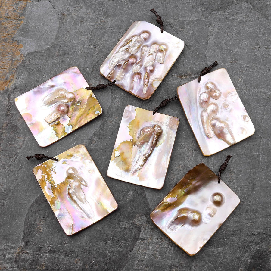 Natural Mother of Pearl Rectangle Pendant Iridescent Golden Baroque Blister Pearl Jewelry
