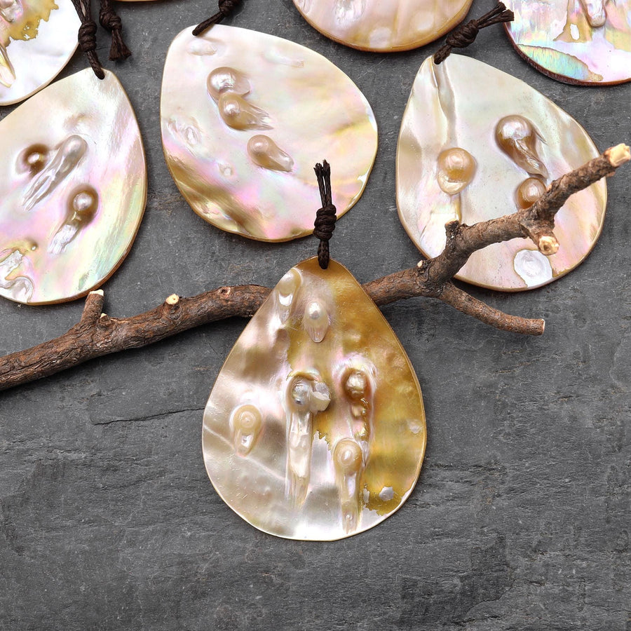 Natural Mother of Pearl Teardrop Pendant Iridescent Golden Baroque Blister Pearl Jewelry