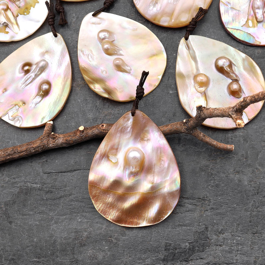 Natural Mother of Pearl Teardrop Pendant Iridescent Golden Baroque Blister Pearl Jewelry