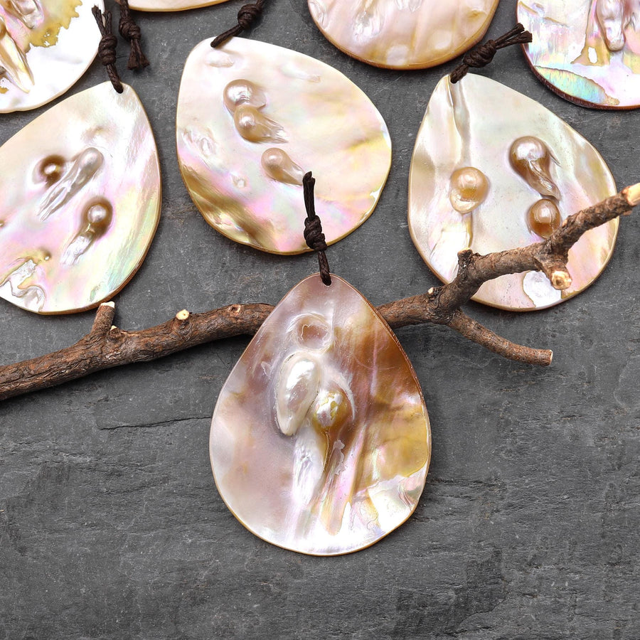 Natural Mother of Pearl Teardrop Pendant Iridescent Golden Baroque Blister Pearl Jewelry