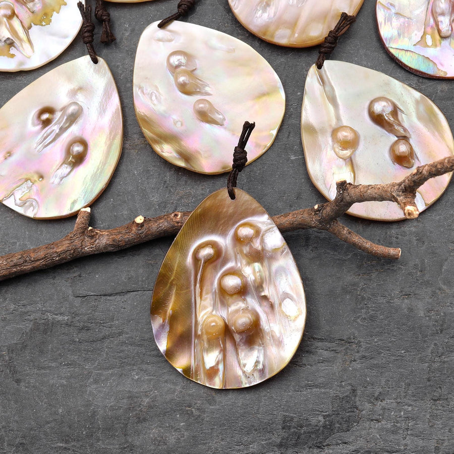 Natural Mother of Pearl Teardrop Pendant Iridescent Golden Baroque Blister Pearl Jewelry