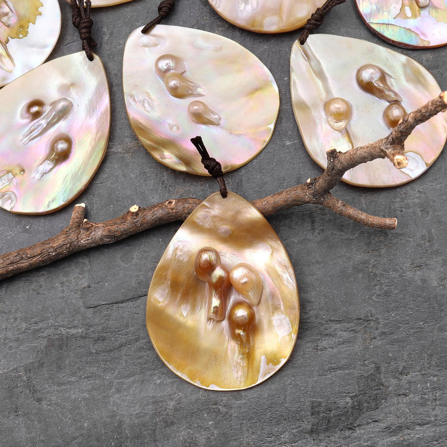 Natural Mother of Pearl Teardrop Pendant Iridescent Golden Baroque Blister Pearl Jewelry A5