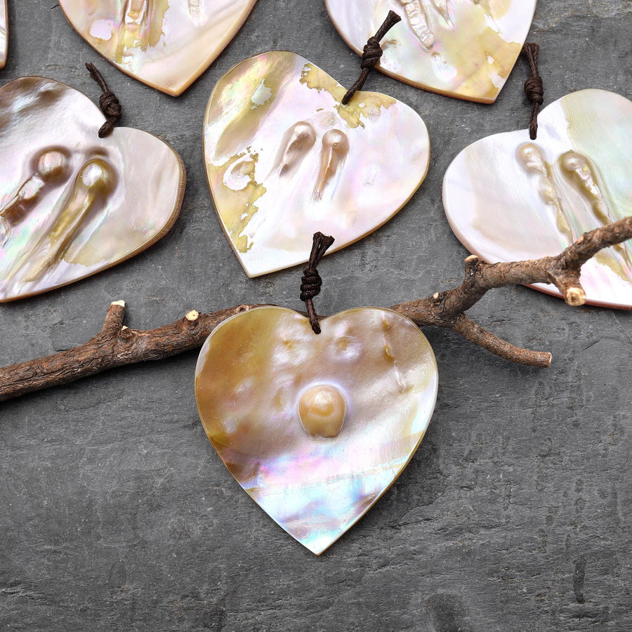 Natural Mother of Pearl Heart Pendant Iridescent Golden Baroque Blister Pearl Jewelry