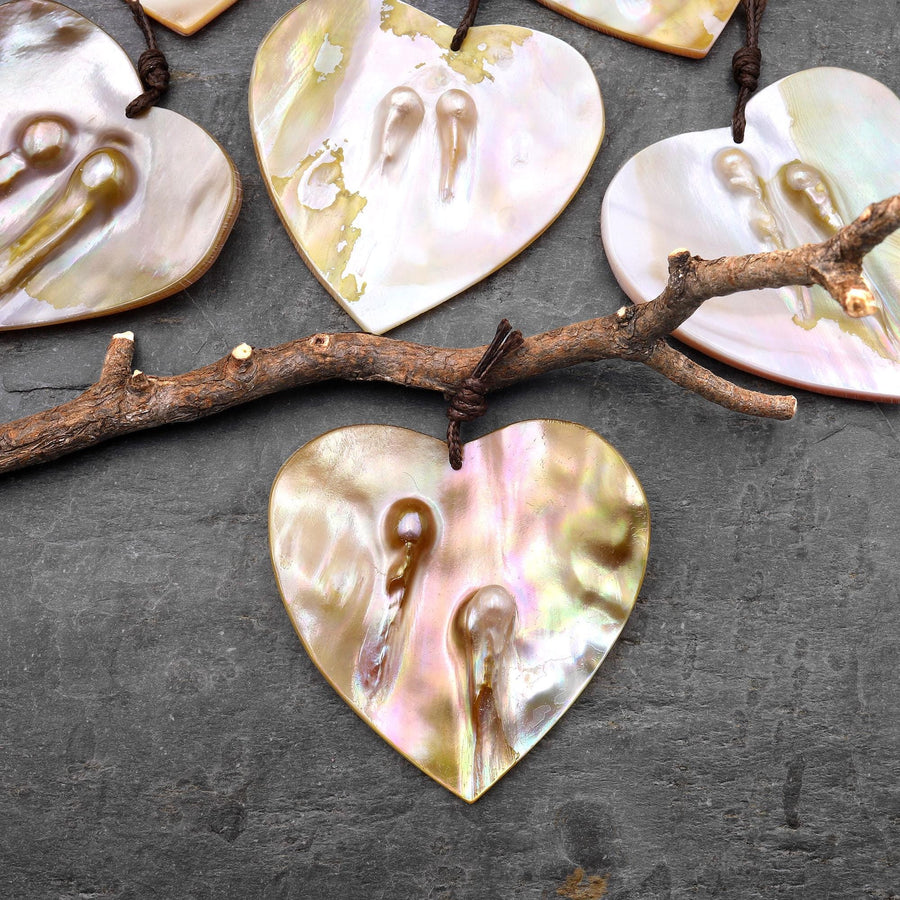 Natural Mother of Pearl Heart Pendant Iridescent Golden Baroque Blister Pearl Jewelry
