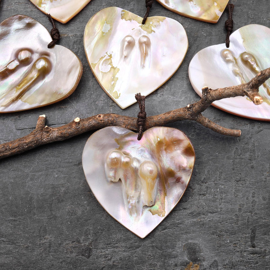 Natural Mother of Pearl Heart Pendant Iridescent Golden Baroque Blister Pearl Jewelry