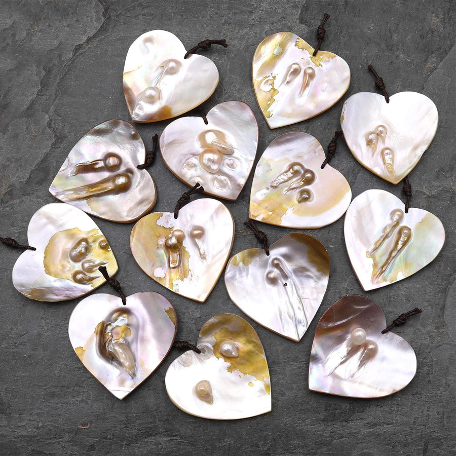 Natural Mother of Pearl Heart Pendant Iridescent Golden Baroque Blister Pearl Jewelry