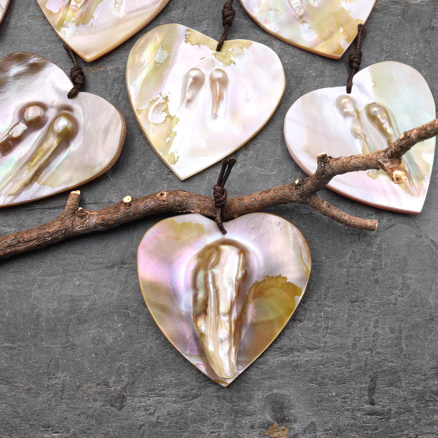 Natural Mother of Pearl Heart Pendant Iridescent Golden Baroque Blister Pearl Jewelry A6