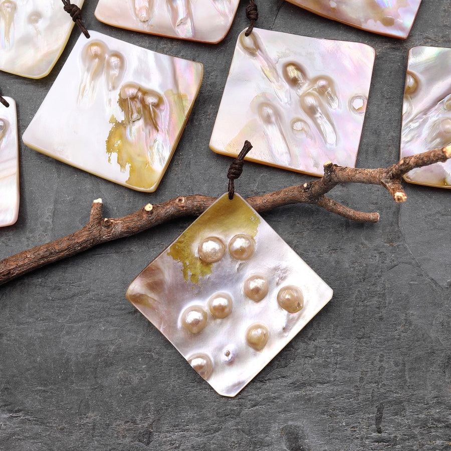 Natural Mother of Pearl Diamond Square Pendant Iridescent Golden Baroque Blister Pearl Jewelry