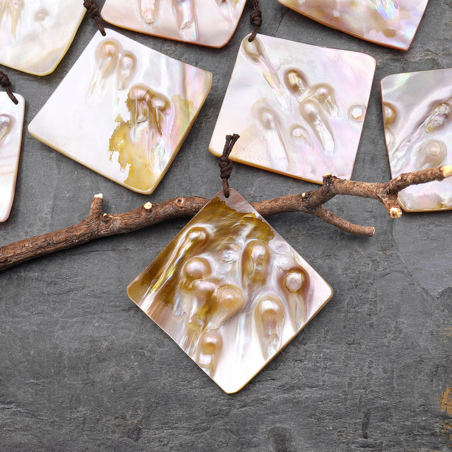 Natural Mother of Pearl Diamond Square Pendant Iridescent Golden Baroque Blister Pearl Jewelry