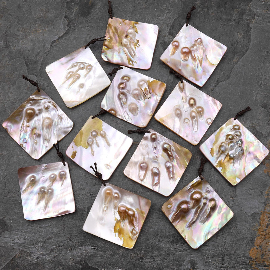 Natural Mother of Pearl Diamond Square Pendant Iridescent Golden Baroque Blister Pearl Jewelry