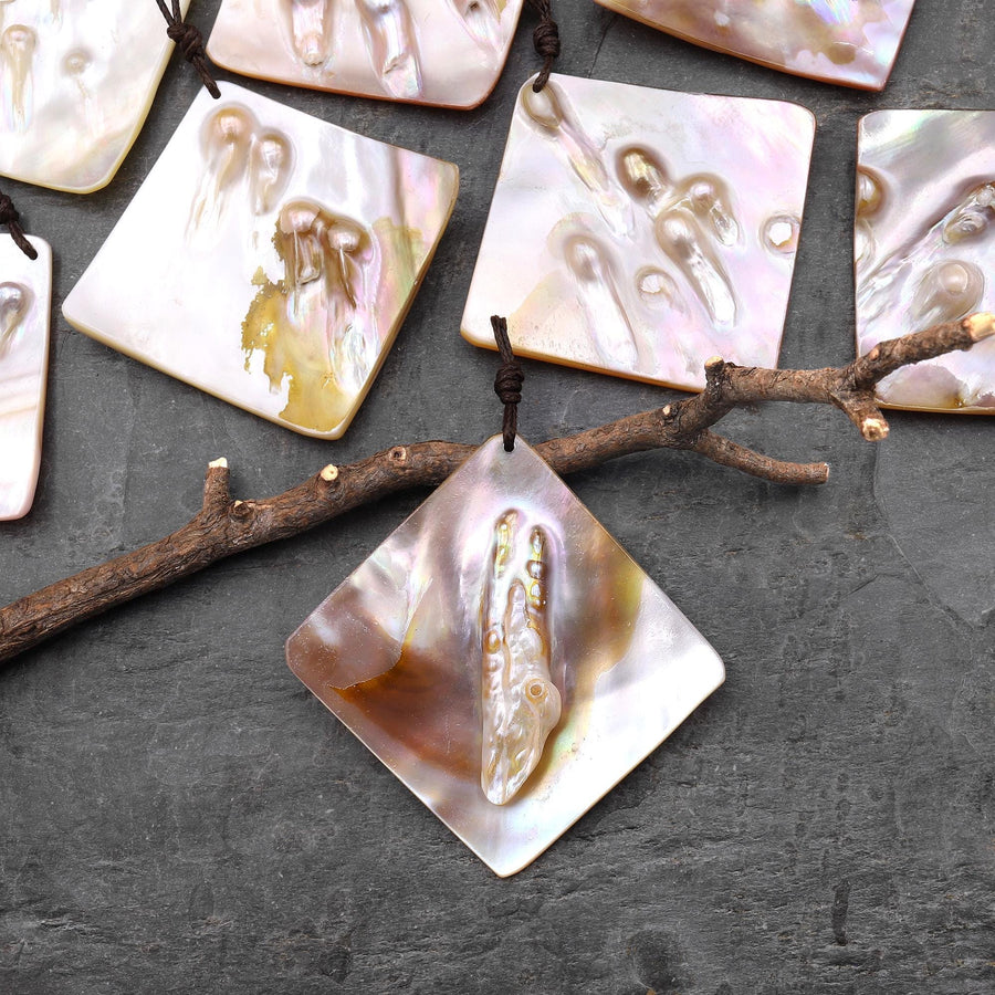 Natural Mother of Pearl Diamond Square Pendant Iridescent Golden Baroque Blister Pearl Jewelry
