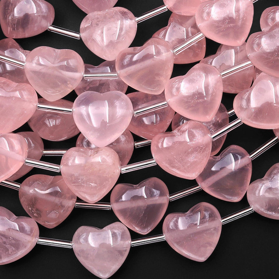 Natural Pink Rose Quartz Beads Gemstone Puffy Heart Horizontally Drilled 8" Strand