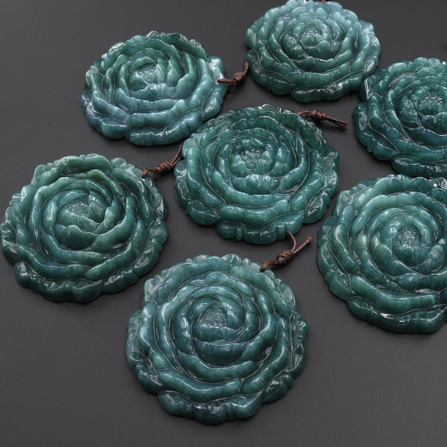 AAA Large Hand Carved Natural Guatemalan Jade Peony Rose Flower Pendant