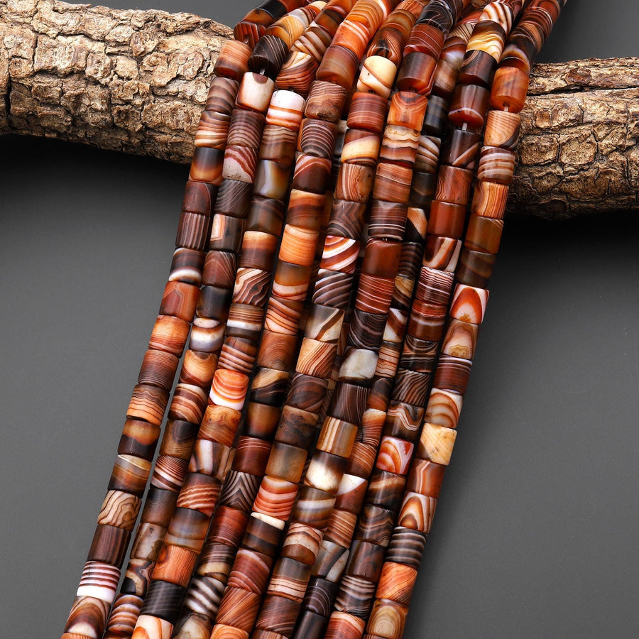 Matte Natural Brown Orange Banded Agate Cylinder Tube Beads 8mm 15.5" Strand