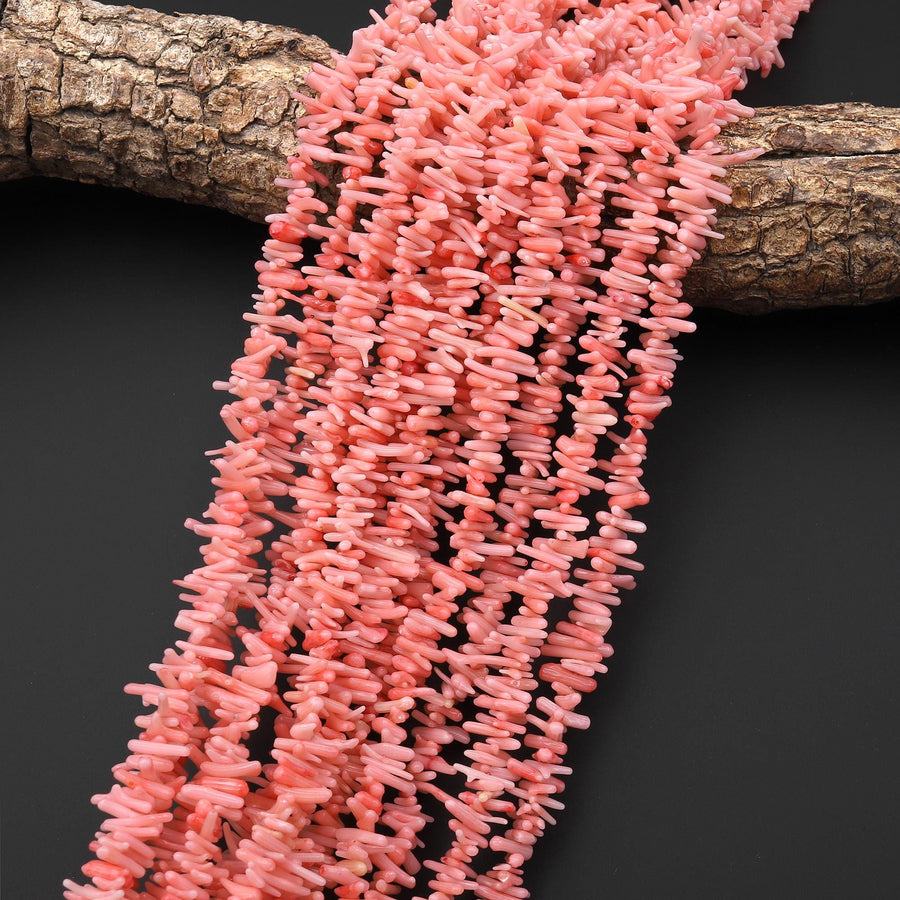 Super Thin fine Genuine Pink Coral Branch Beads Center Drilled Freeform Stick 15.5" Strand