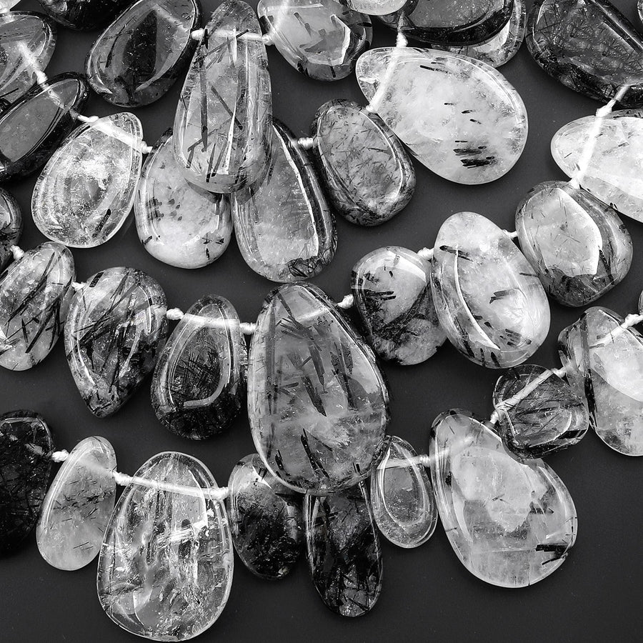 Natural Black Tourmaline Rutilated Quartz Freeform Teardrop Focal Pendant Beads Top Side Drilled Gemstone 15.5" Strand