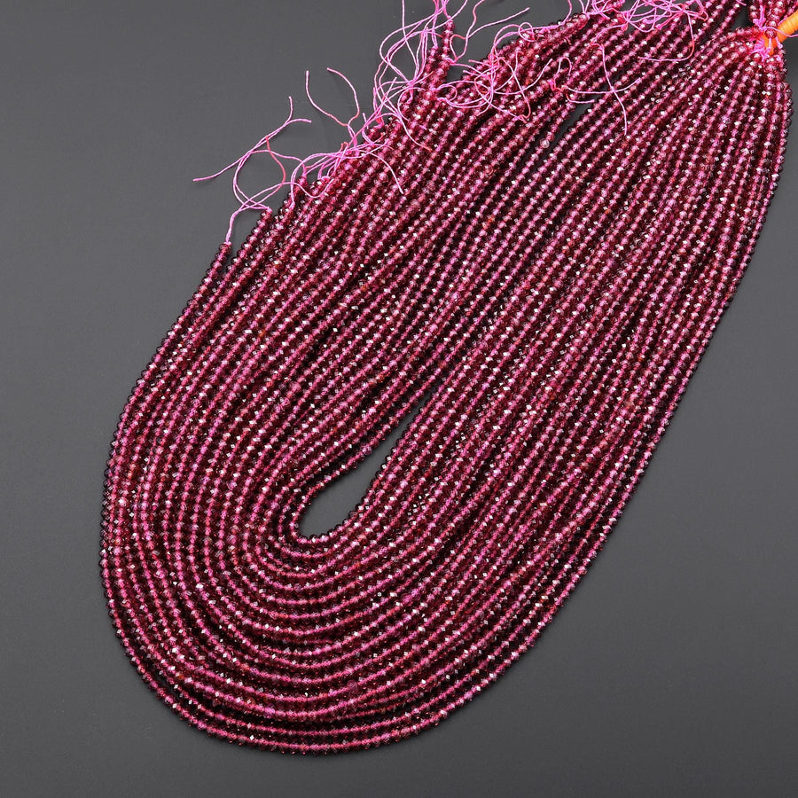 AAA Faceted Natural Raspberry Rhodolite Garnet 3mm Rondelle Reddish Purple Gemstone Beads 15.5" Strand