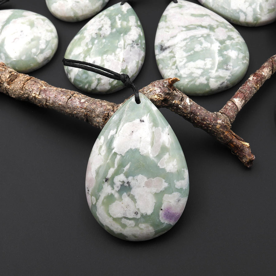 Natural Peace Jasper Teardrop Pendant Soft Green Violet Pink Purple Colors A6