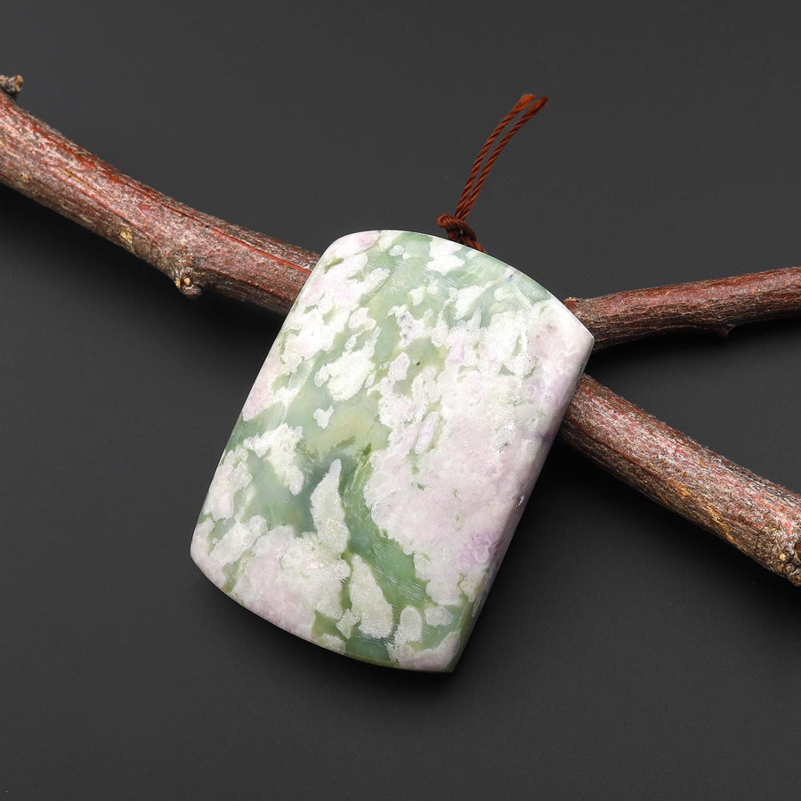 Natural Peace Jasper Curved Rectangle Pendant Soft Green Colors PDT0780