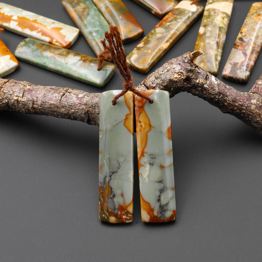 Natural Owyhee Picture Jasper Earring Pair Drilled Rectangle Gemstone Matched Beads From Oregon A2