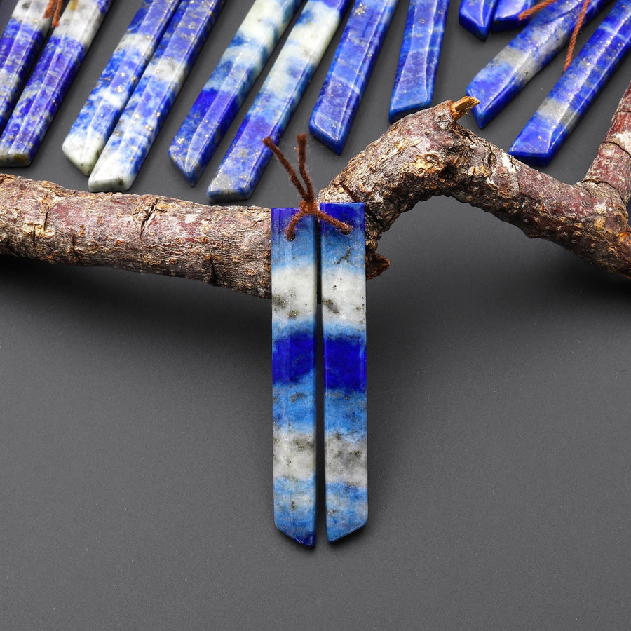 Natural Blue Lapis Earring Pair Modern Long Beveled Rectangle Spike Matched Gemstone Beads