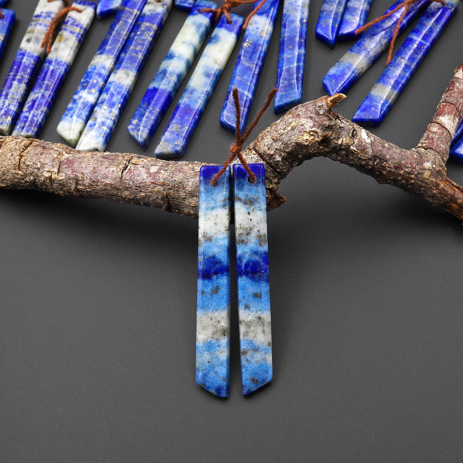 Natural Blue Lapis Earring Pair Modern Long Beveled Rectangle Spike Matched Gemstone Beads