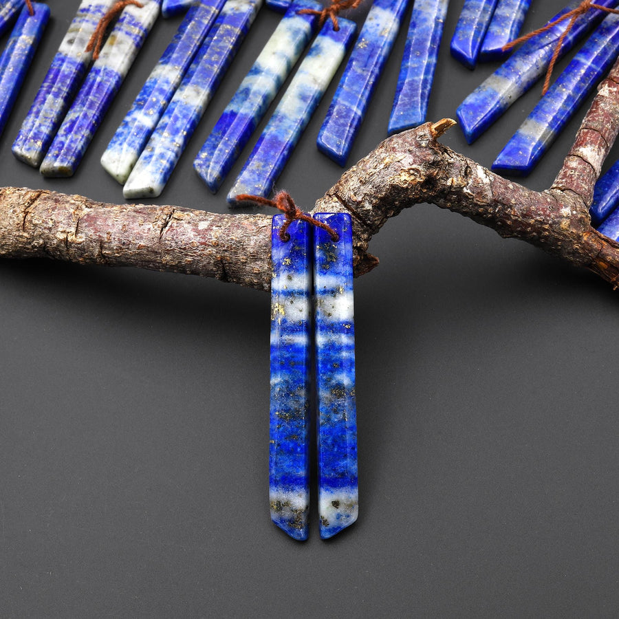 Natural Blue Lapis Earring Pair Modern Long Beveled Rectangle Spike Matched Gemstone Beads A1