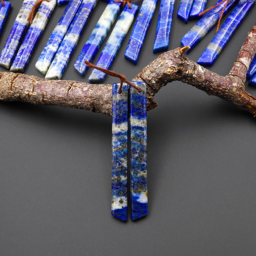 Natural Blue Lapis Earring Pair Modern Long Beveled Rectangle Spike Matched Gemstone Beads A5