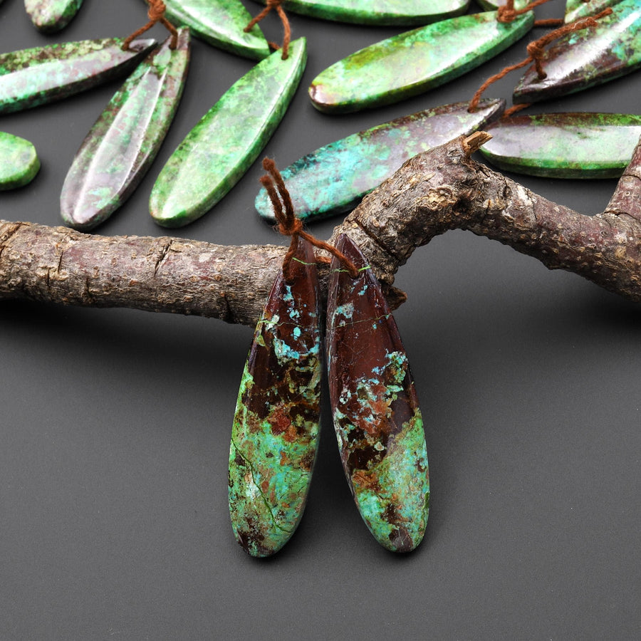 Rare Natural Mexican Apple Green Parrot Wing Chrysocolla Teardrop Earring Pair
