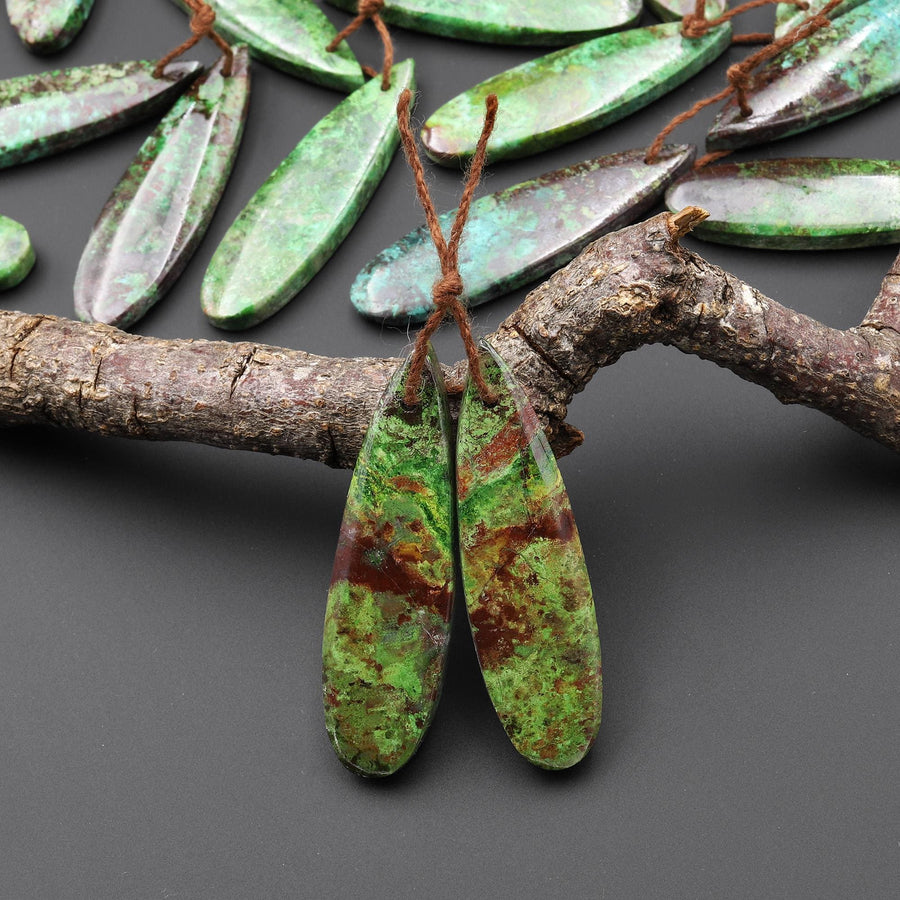 Rare Natural Mexican Apple Green Parrot Wing Chrysocolla Teardrop Earring Pair