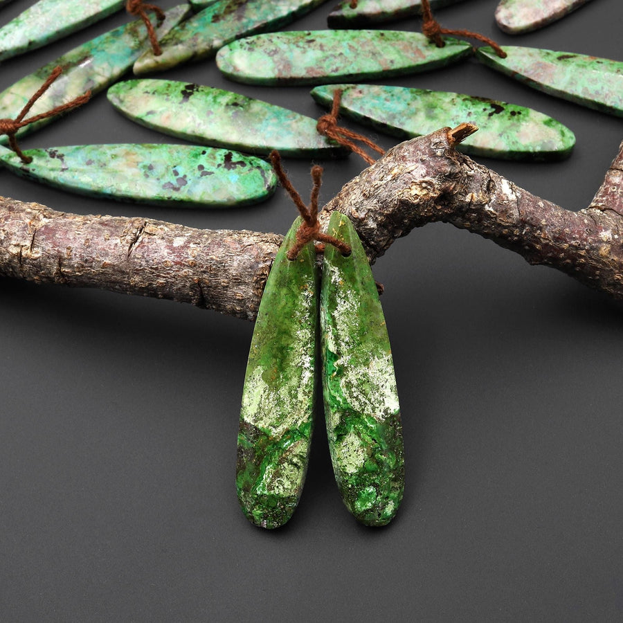 Rare Natural Apple Green Parrot Wing Chrysocolla Teardrop Earring Pair Matched Gemstone Beads From Mexico A5