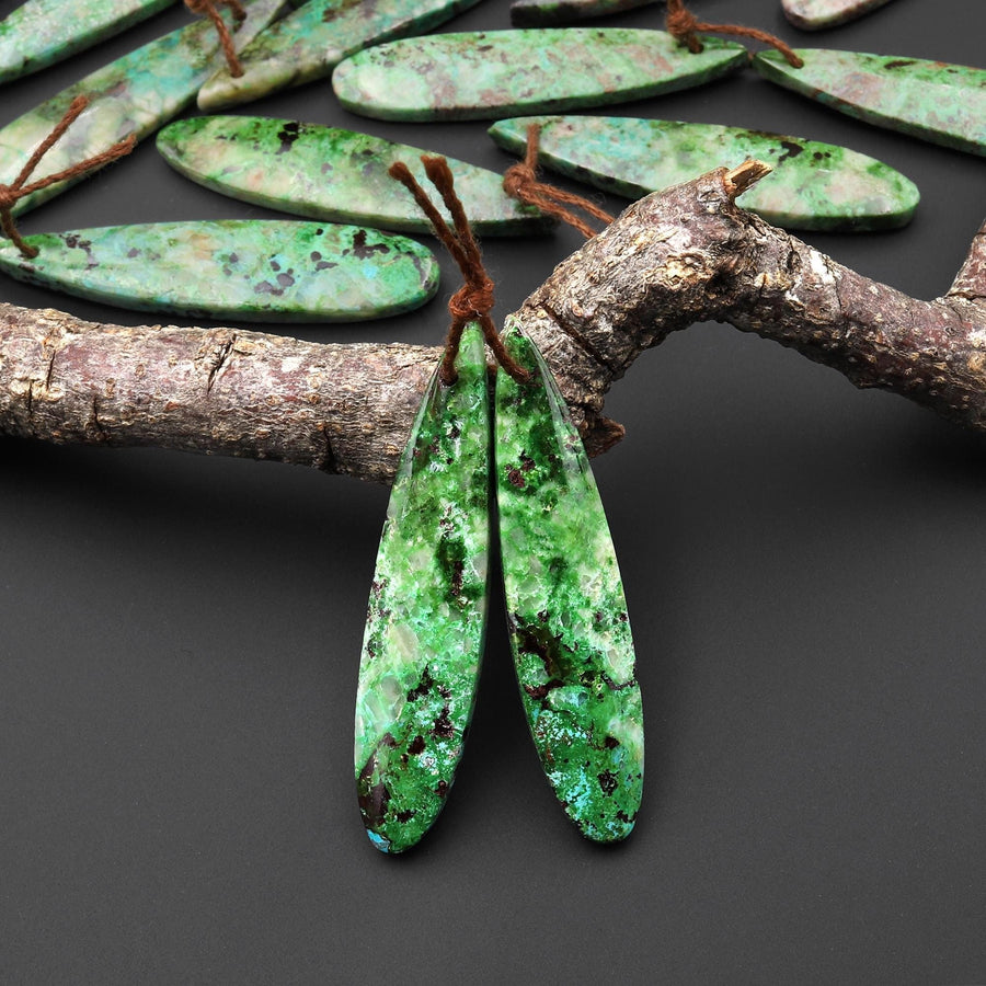 Rare Natural Apple Green Parrot Wing Chrysocolla Teardrop Earring Pair Matched Gemstone Beads From Mexico A7