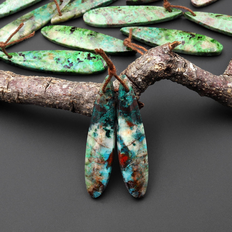 Rare Natural Blue Parrot Wing Chrysocolla Teardrop Earring Pair Matched Gemstone Beads From Mexico A10