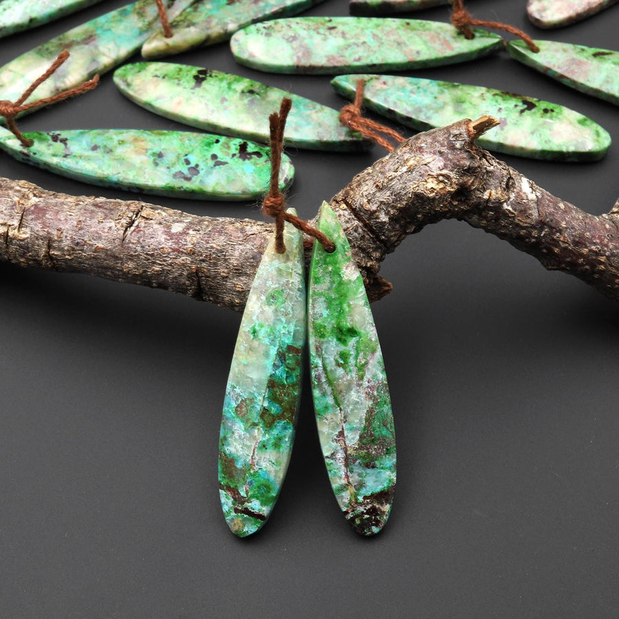 Rare Natural Apple Green Parrot Wing Chrysocolla Teardrop Earring Pair Matched Gemstone Beads From Mexico A11