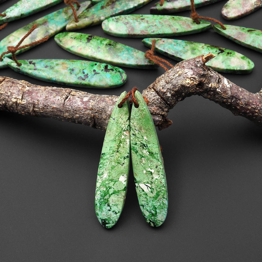 Rare Natural Apple Green Parrot Wing Chrysocolla Teardrop Earring Pair Matched Gemstone Beads From Mexico A12