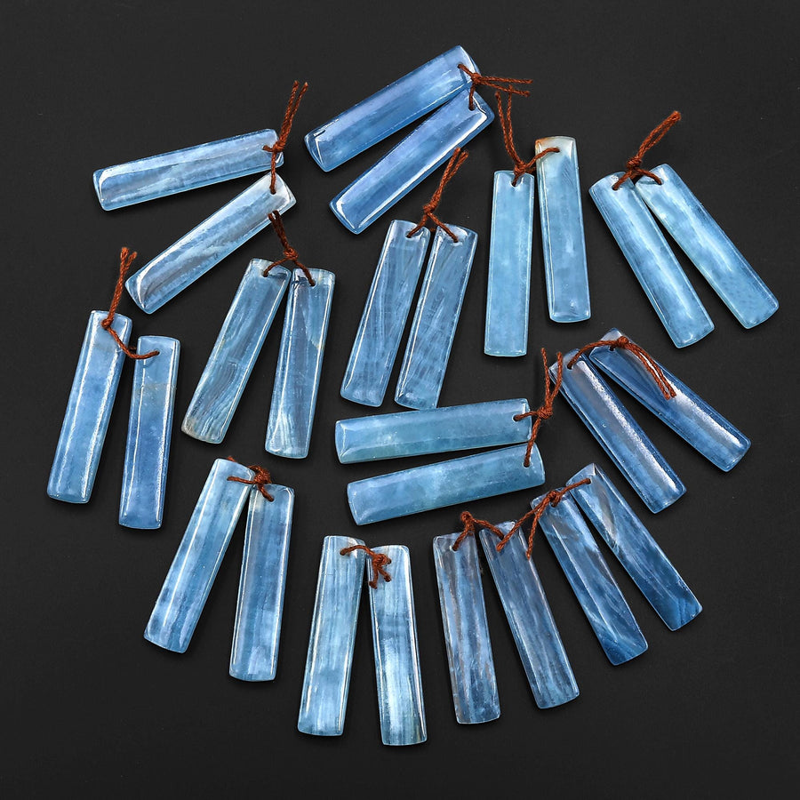 AAA Translucent Natural Argentina Lemurian Aquatine Blue Calcite Rectangle Matched Earring Pair