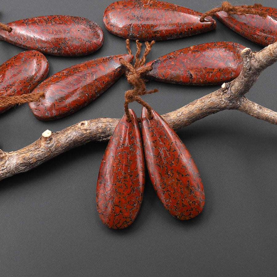 Genuine Red Utah Dinosaur Bone Fossil Drilled Teardrop Earring Pair Matched Gemstone Beads A1