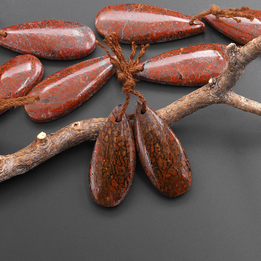 Genuine Red Utah Dinosaur Bone Fossil Drilled Teardrop Earring Pair Matched Gemstone Beads A2